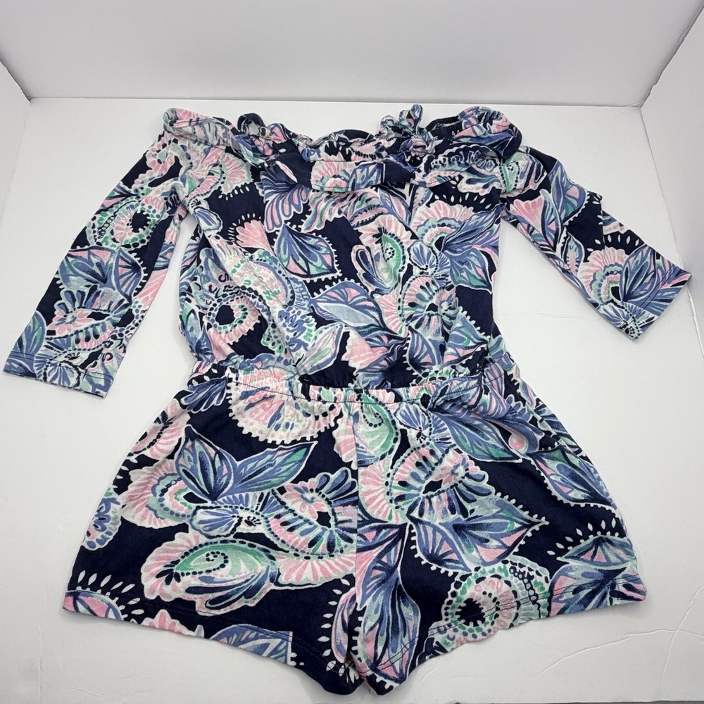 Lilly Pulitzer Girls Ruffle Romper Pink Blue Floral Size S 4/5 Holy Flockamolie - Picture 4 of 12